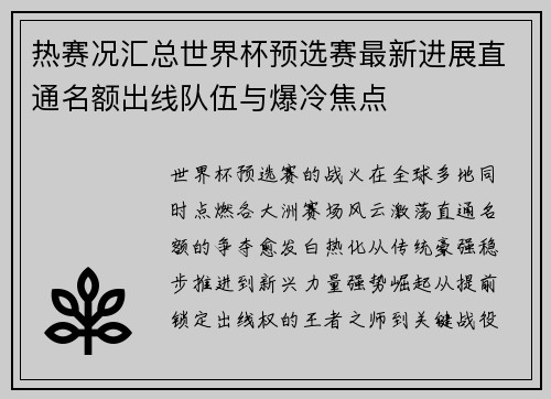 热赛况汇总世界杯预选赛最新进展直通名额出线队伍与爆冷焦点